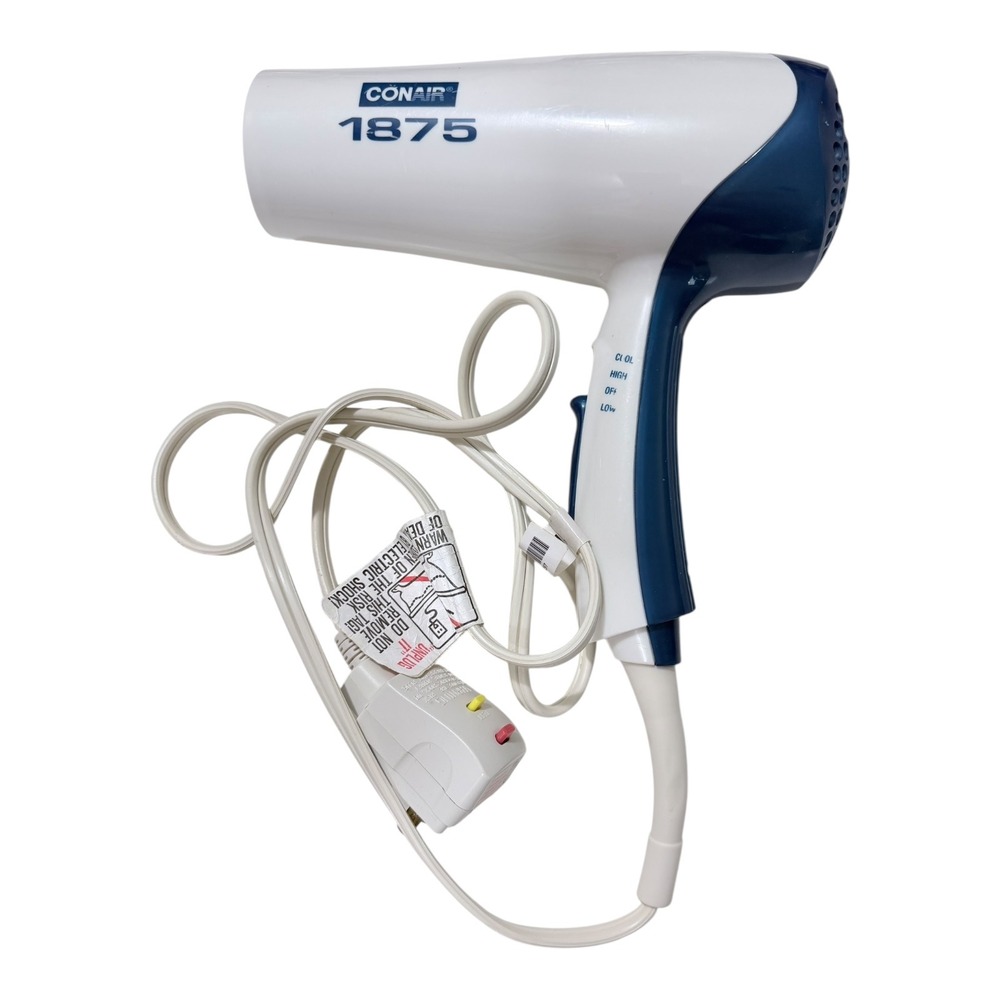 Conair 1875 Watt Hair Dryer Blue White Blow Dryer Cool Shot Tested Working